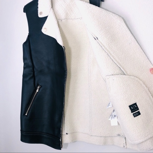 A|X Armani Exchange Biker Faux Shearling Leather Moto Jacket Long Vest size L - Picture 11 of 16
